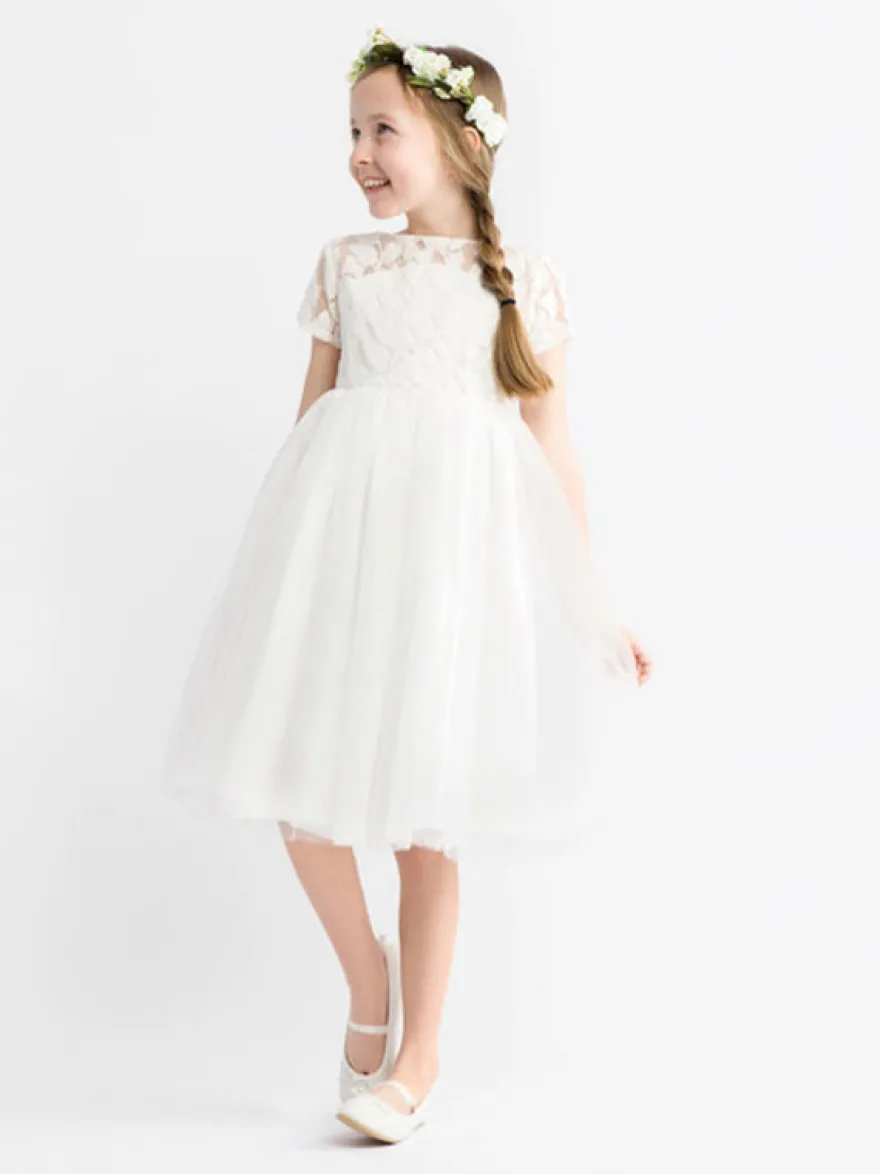 Robe cortège enfant Robe baptême fille col rond manche courte dos en forme de coeur