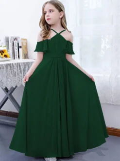 Robe cortège enfant robe cérémonie fille à bretelle zip sur dos jupe plissée
