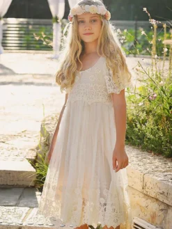Robe cortège enfant robe cérémonie fille bohème au genou manche courte