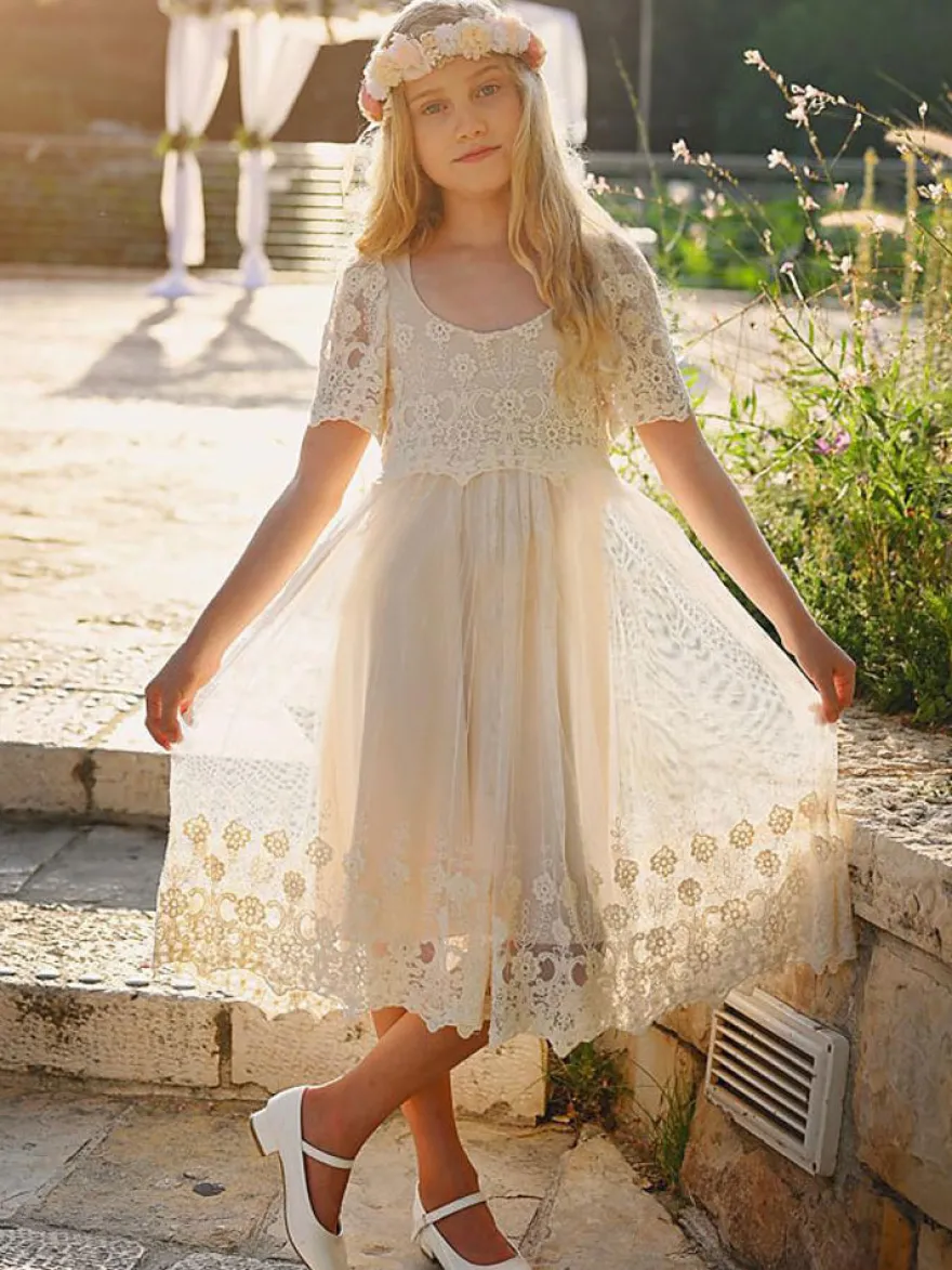 Robe cortège enfant robe cérémonie fille bohème au genou manche courte