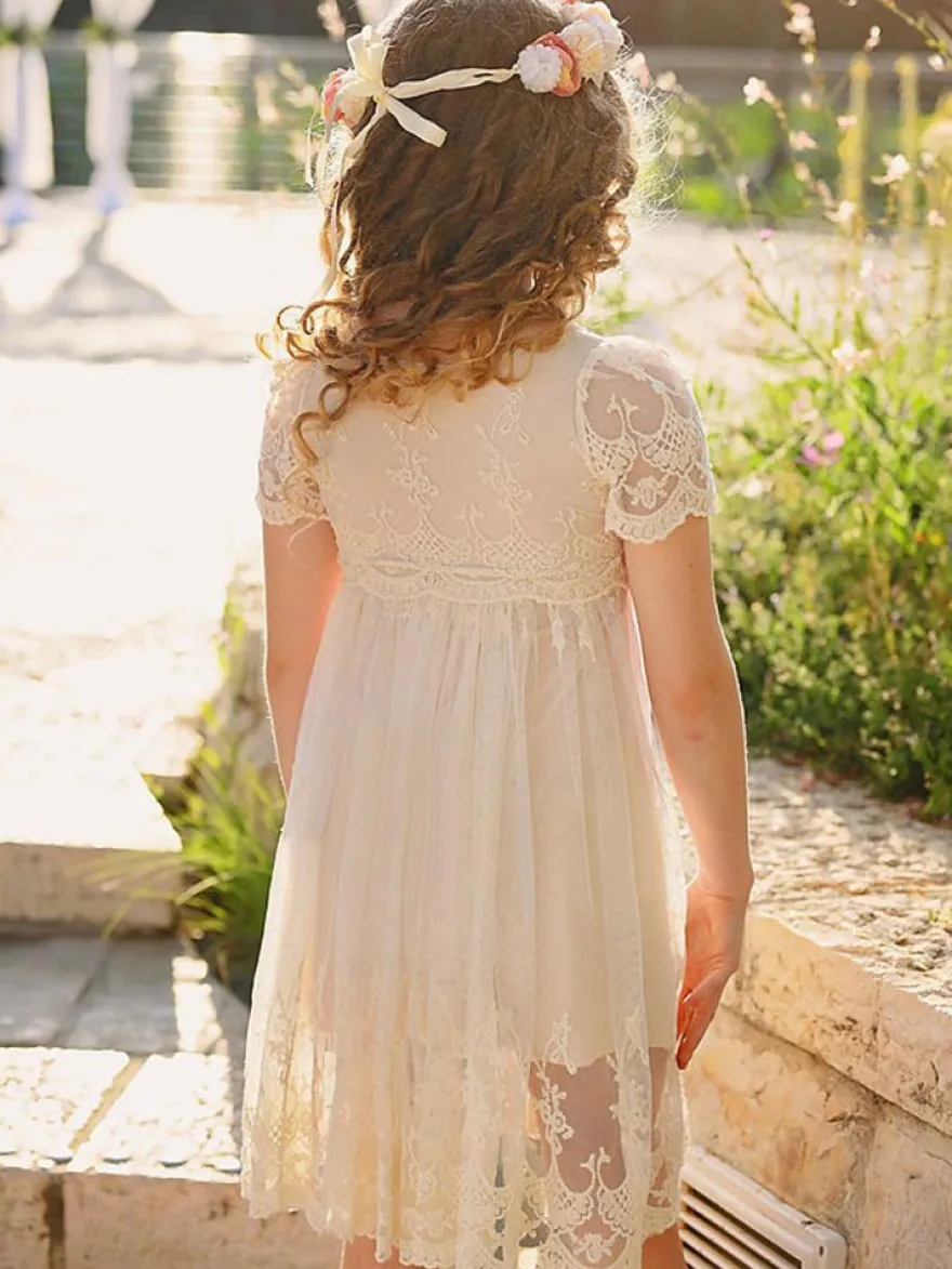 Robe cortège enfant robe cérémonie fille bohème au genou manche courte