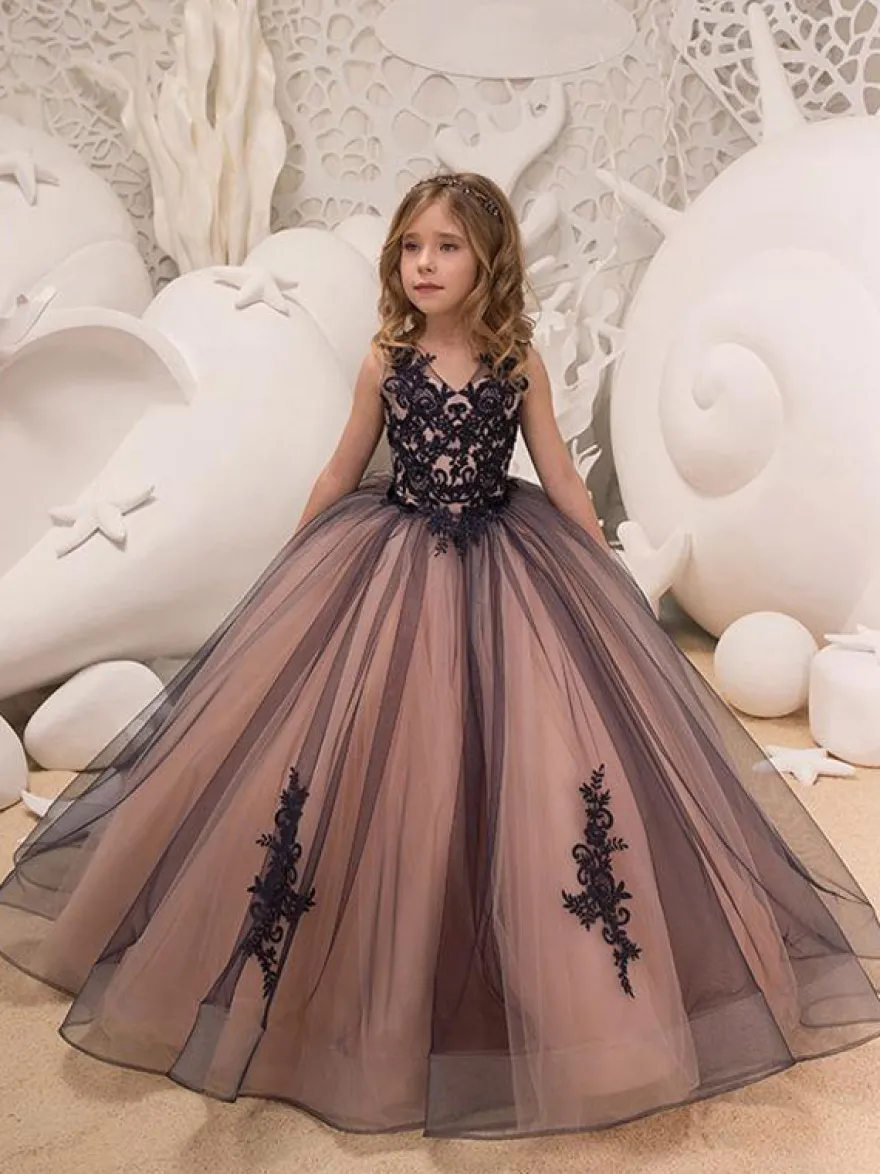 Robe cortège enfant robe de soirée mariage pour fille col V boutonné sur dos au sol