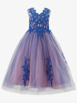 Robe cortège enfant robe de soirée mariage pour fille col V boutonné sur dos au sol