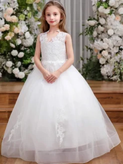 Robe cortège enfant robe de soirée mariage pour fille col V boutonné sur dos au sol