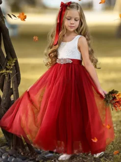 Robe cortège enfant robe fille de fleur en dentelle sans manche avec ceinture