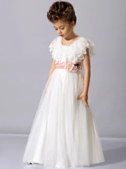 Robe cortège enfant robe fille de fleur en dentelle col rond longueur au sol