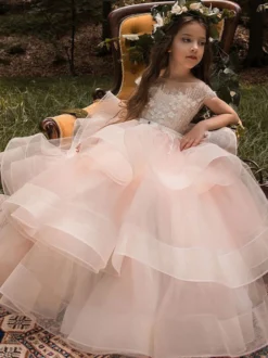Robe cortège enfant robe princesse rose en tulle col rond en dentelle structurée Robe fille de fleur