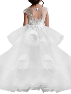 Robe cortège enfant robe princesse rose en tulle col rond en dentelle structurée Robe fille de fleur