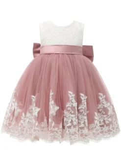 Robe cortège enfrant cameo rose en tulle col rond noeud sur dos Robe de baptême