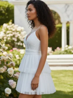 Robe courte blanche à col en V et fleurs pour soirée 2026