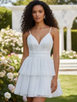 Robe courte blanche à col en V et fleurs pour soirée 2026