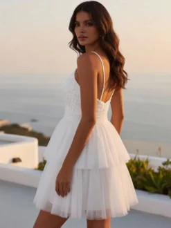 Robe courte blanche à col en V et fleurs pour soirée 2026