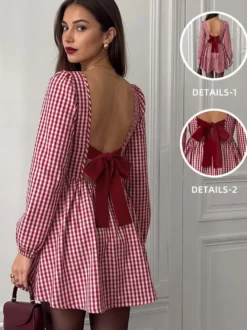 Robe courte à carreaux vichy manches longues dos nu nœud papillon ourlet à volants col carré style décontracté.