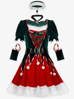Robe courte de noël en Fiber de Polyester rouge vert Costumes de vacances ensemble complet