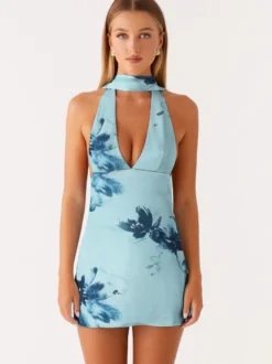 Robe courte dos nu en satin à col halter pour femme - Robe courte dos nu à décolleté plongeant avec foulard - Soirée cocktail d'été 2026