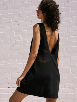 Robe courte en coton pour femme - Robe tunique décontractée sans manches à col rond et dos nu avec poches - Collection été plage 2026