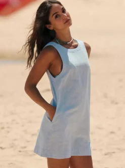 Robe courte en coton pour femme - Robe tunique décontractée sans manches à col rond et dos nu avec poches - Collection été plage 2026