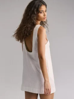Robe courte en coton pour femme - Robe tunique décontractée sans manches à col rond et dos nu avec poches - Collection été plage 2026