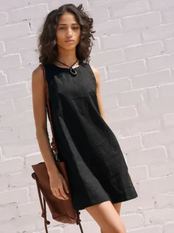 Robe courte en coton pour femme - Robe tunique décontractée sans manches à col rond et dos nu avec poches - Collection été plage 2026