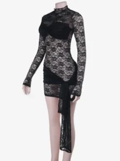 Robe courte en dentelle florale transparente pour femme - Robe moulante noire à col montant et manches longues de style gothique - Tenues de soirée printanières 2026