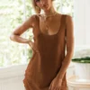 Robe courte en maille pour femme - Robe débardeur sexy à col en U dos nu et fronces sur les côtés - Idéale pour l'été les clubs de plage et les soirées lounge 2026