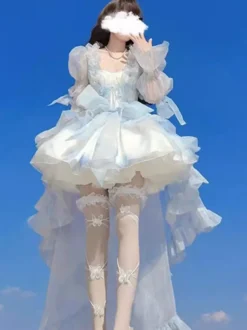 Robe courte Fairy Lolita bleu ciel clair à volants et traîne