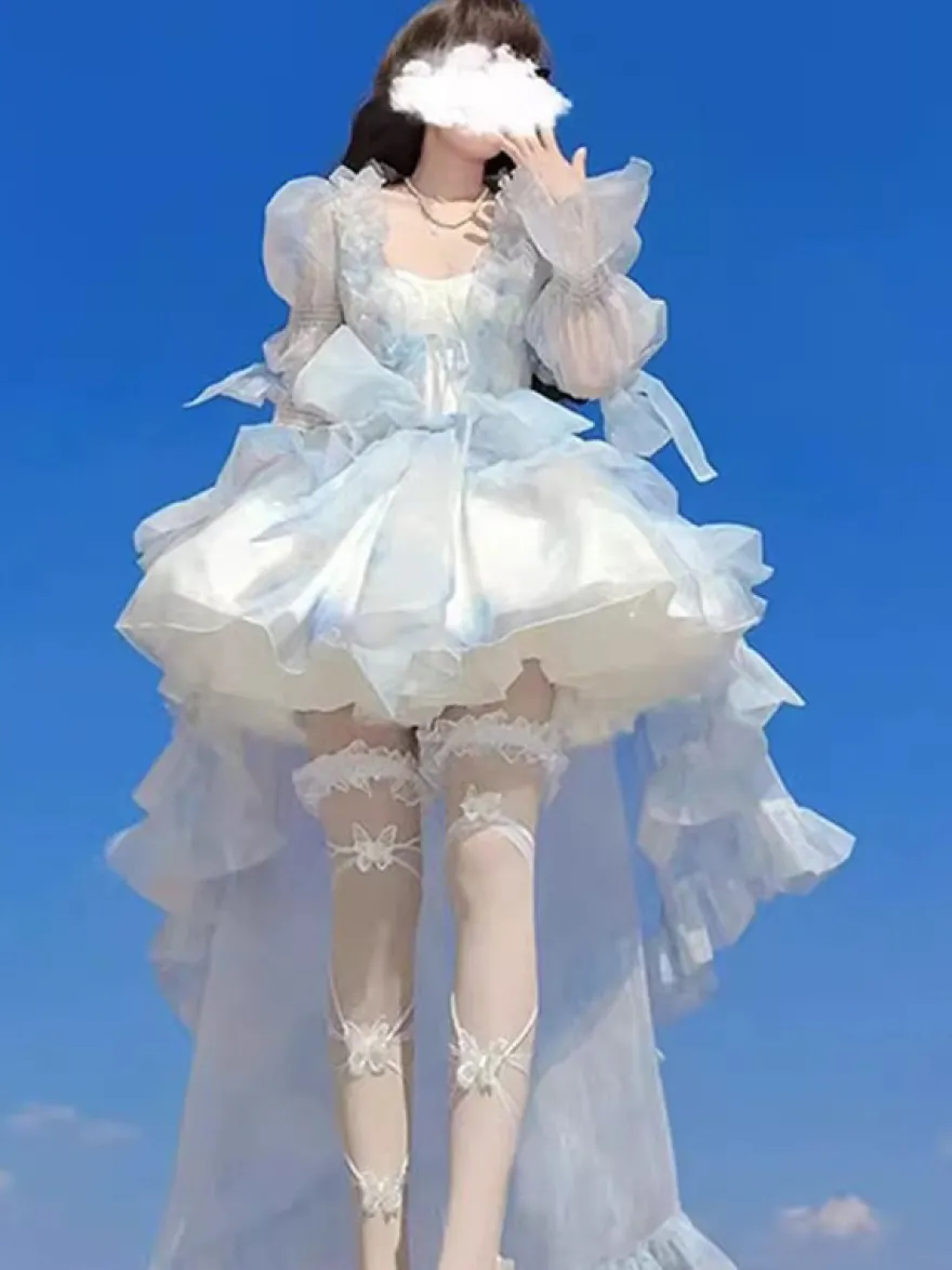 Robe courte Fairy Lolita bleu ciel clair à volants et traîne