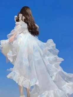 Robe courte Fairy Lolita bleu ciel clair à volants et traîne