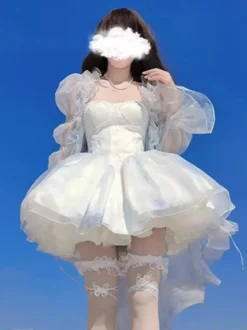 Robe courte Fairy Lolita bleu ciel clair à volants et traîne