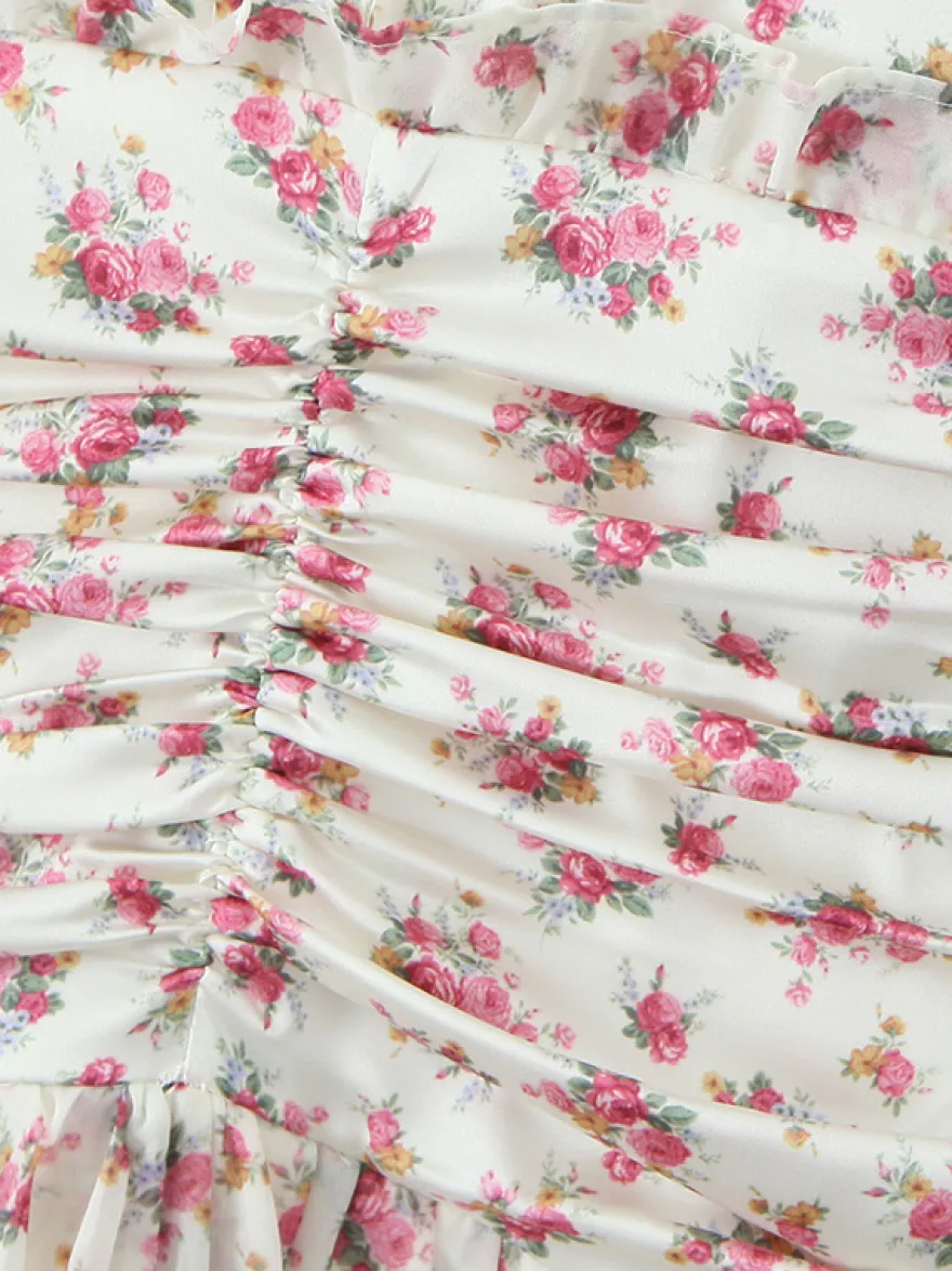 Robe courte à imprimé floral rose col en V manches longues été 2026
