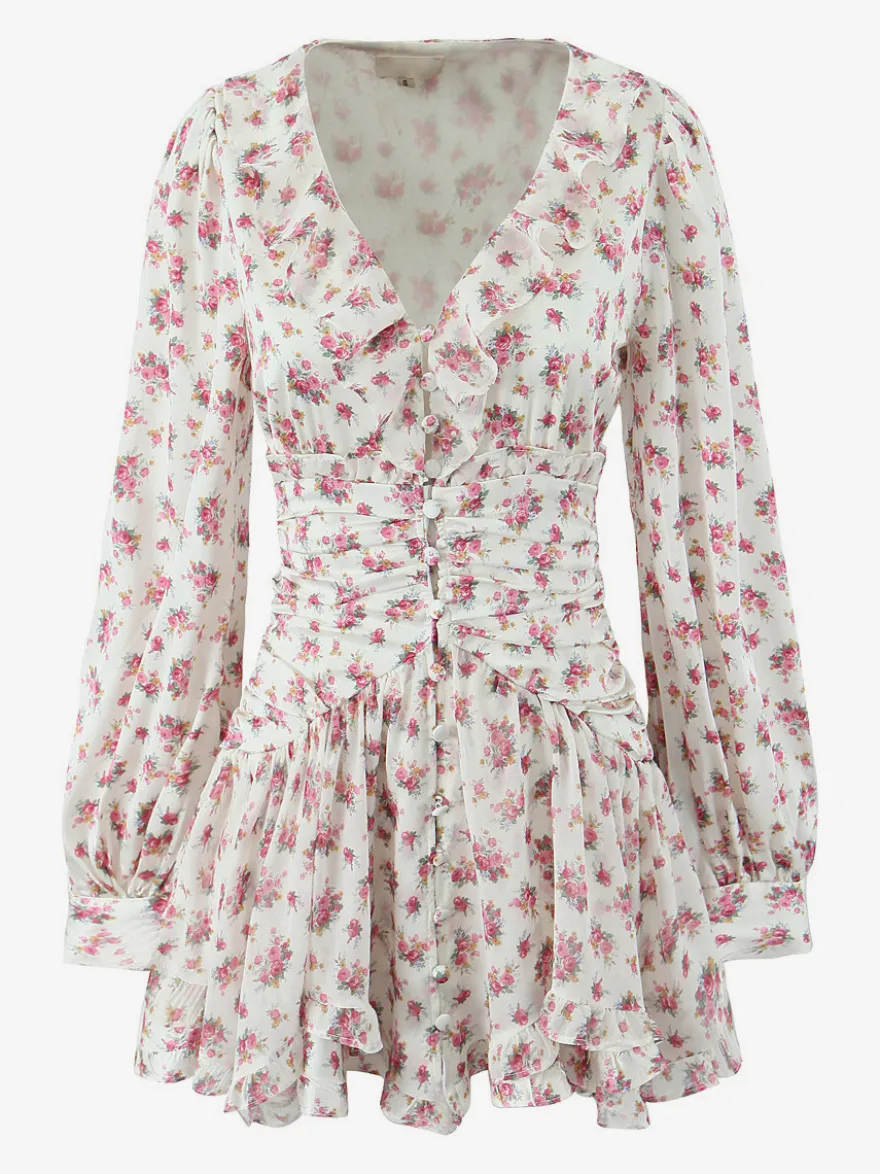 Robe courte à imprimé floral rose col en V manches longues été 2026