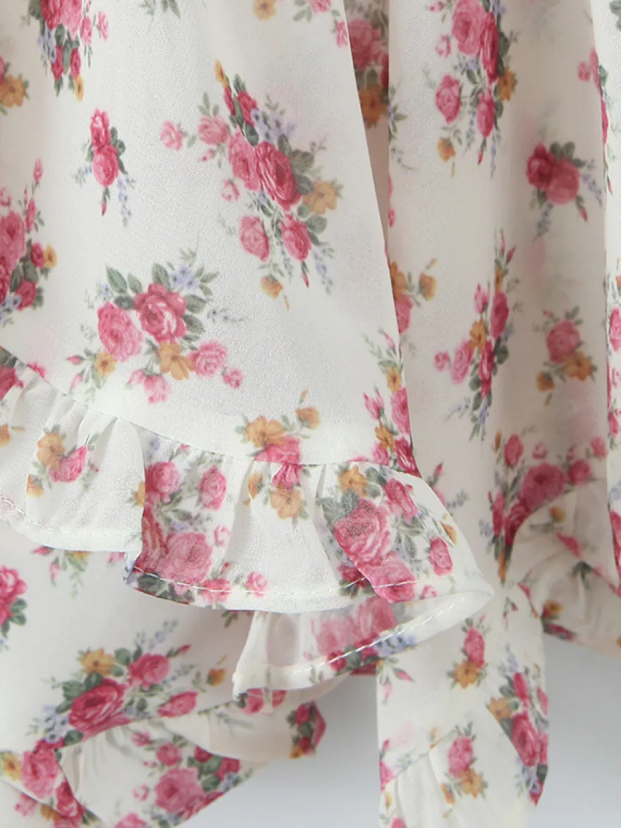 Robe courte à imprimé floral rose col en V manches longues été 2026