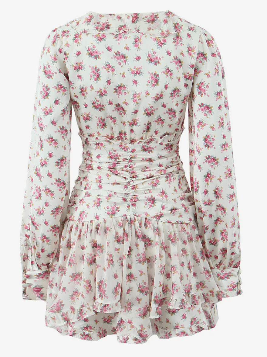 Robe courte à imprimé floral rose col en V manches longues été 2026