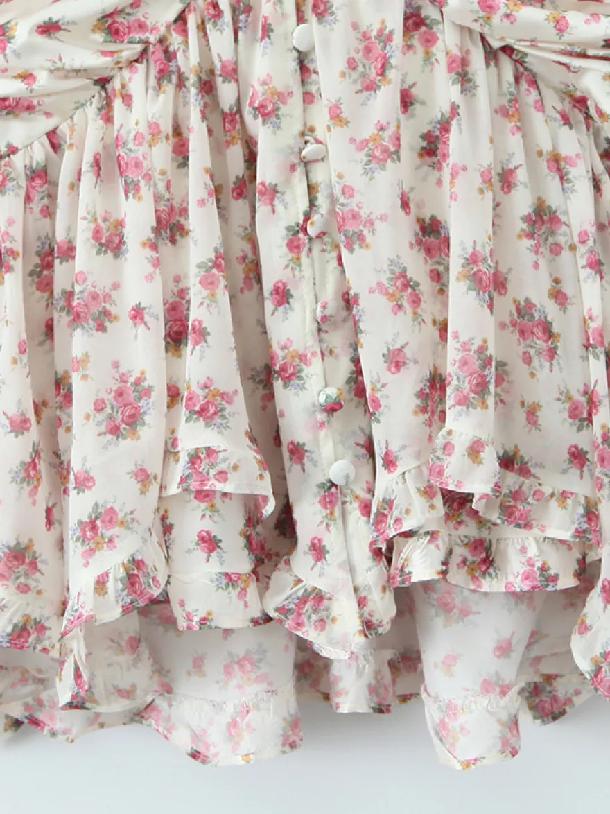 Robe courte à imprimé floral rose col en V manches longues été 2026