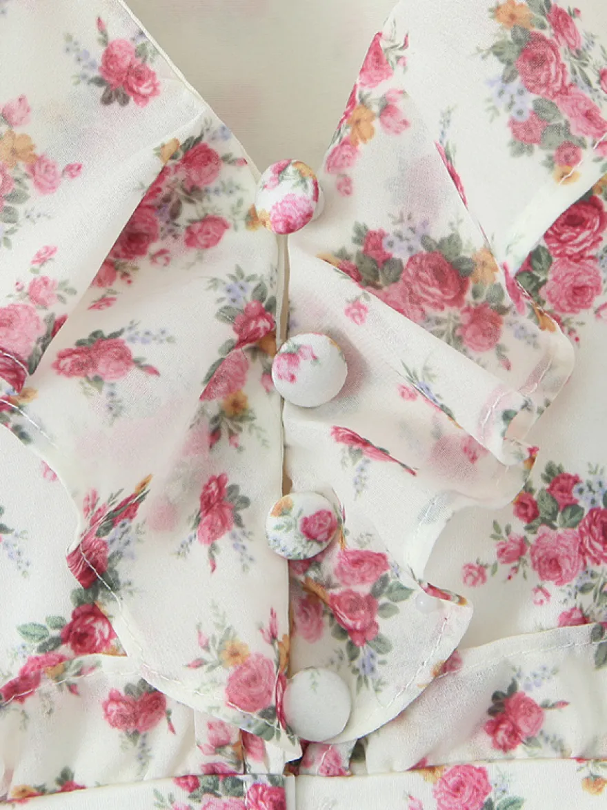 Robe courte à imprimé floral rose col en V manches longues été 2026
