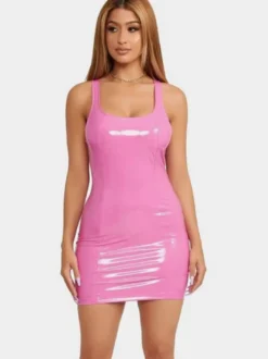 Robe courte élégante en similicuir avec dos nageur tenue de club sexy pour femme 2026