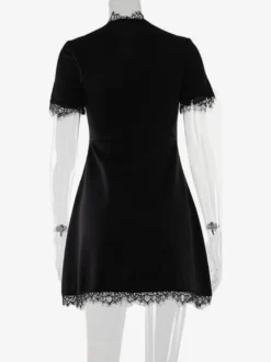 Robe courte élégante noire à col montant et manches courtes coupe trapèze ornée de dentelle et à découpe en forme de goutte - Idéale pour une fête d'anniversaire printanière (2026)