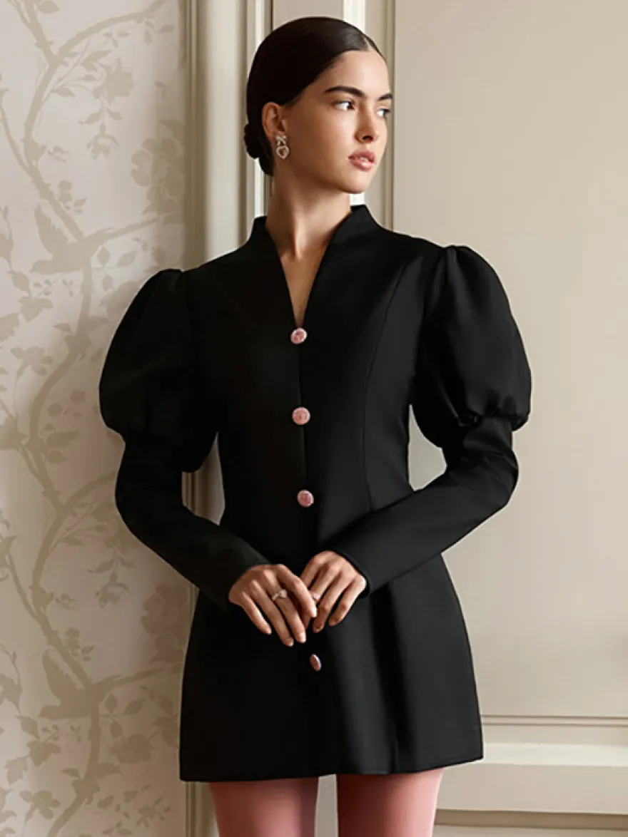 Robe courte à manches bouffantes pour femme style rétro chic - Noir élégant col montant coupe moulante - Idéale pour le printemps 2026