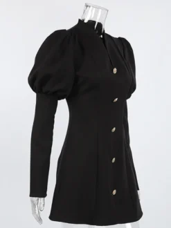 Robe courte à manches bouffantes pour femme style rétro chic - Noir élégant col montant coupe moulante - Idéale pour le printemps 2026