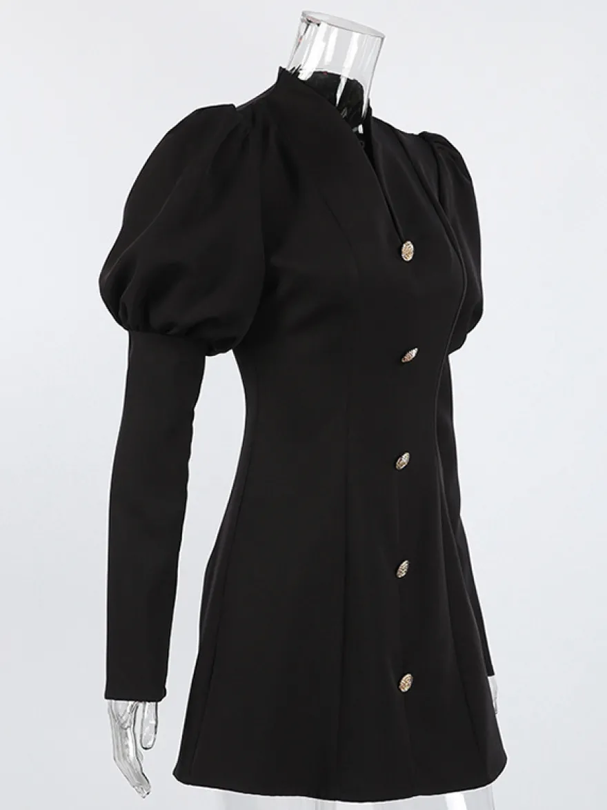 Robe courte à manches bouffantes pour femme style rétro chic - Noir élégant col montant coupe moulante - Idéale pour le printemps 2026