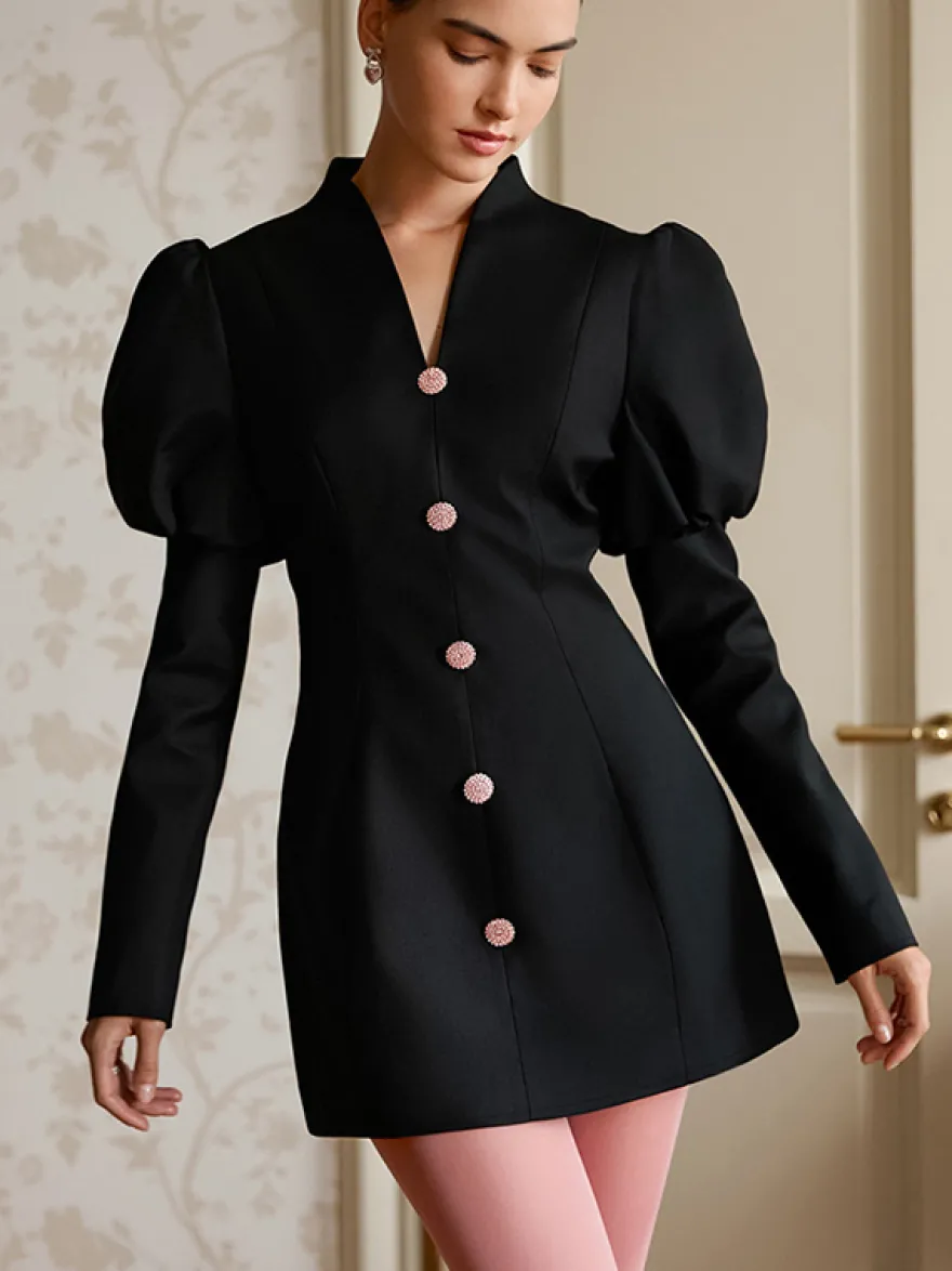 Robe courte à manches bouffantes pour femme style rétro chic - Noir élégant col montant coupe moulante - Idéale pour le printemps 2026