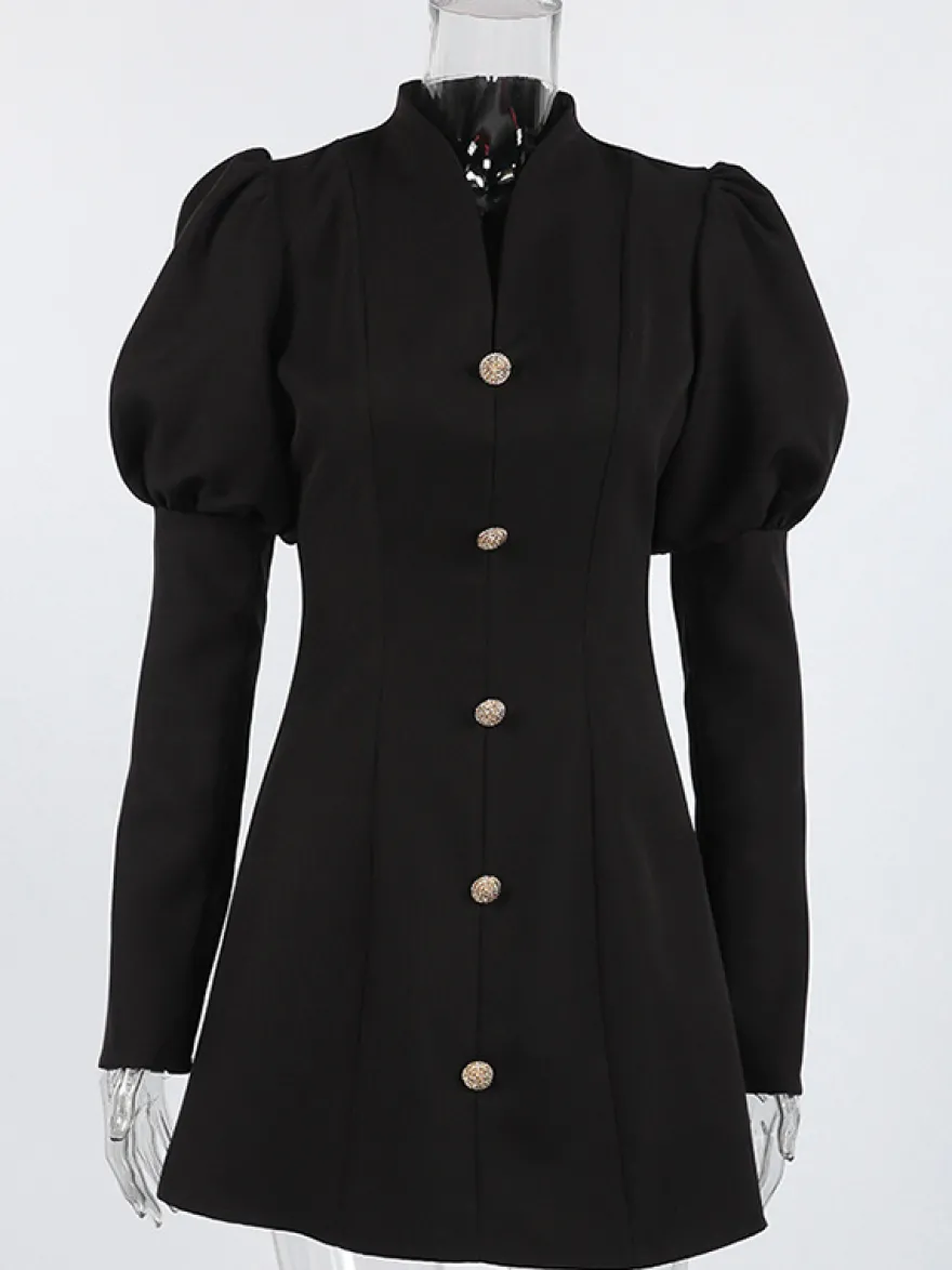 Robe courte à manches bouffantes pour femme style rétro chic - Noir élégant col montant coupe moulante - Idéale pour le printemps 2026