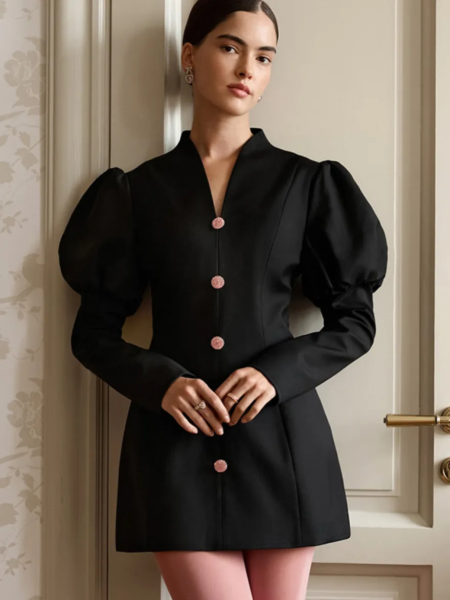 Robe courte à manches bouffantes pour femme style rétro chic - Noir élégant col montant coupe moulante - Idéale pour le printemps 2026