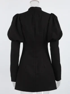 Robe courte à manches bouffantes pour femme style rétro chic - Noir élégant col montant coupe moulante - Idéale pour le printemps 2026