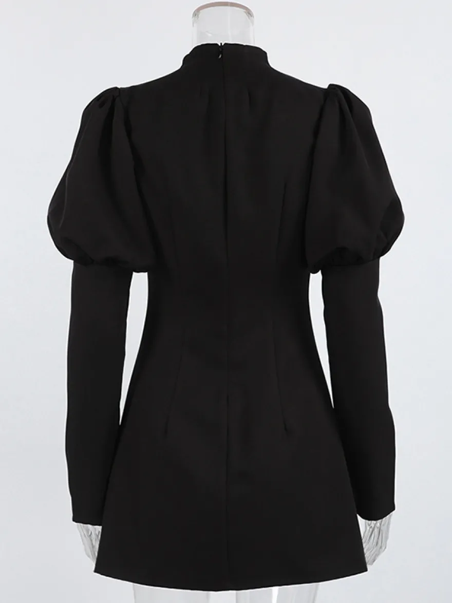 Robe courte à manches bouffantes pour femme style rétro chic - Noir élégant col montant coupe moulante - Idéale pour le printemps 2026