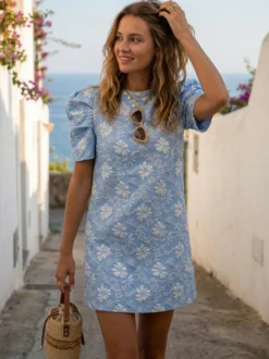 Robe courte à manches bouffantes pour femme - Robe d'été à col rond en jacquard fleuri - Idéale pour les fêtes d'été à la plage 2026
