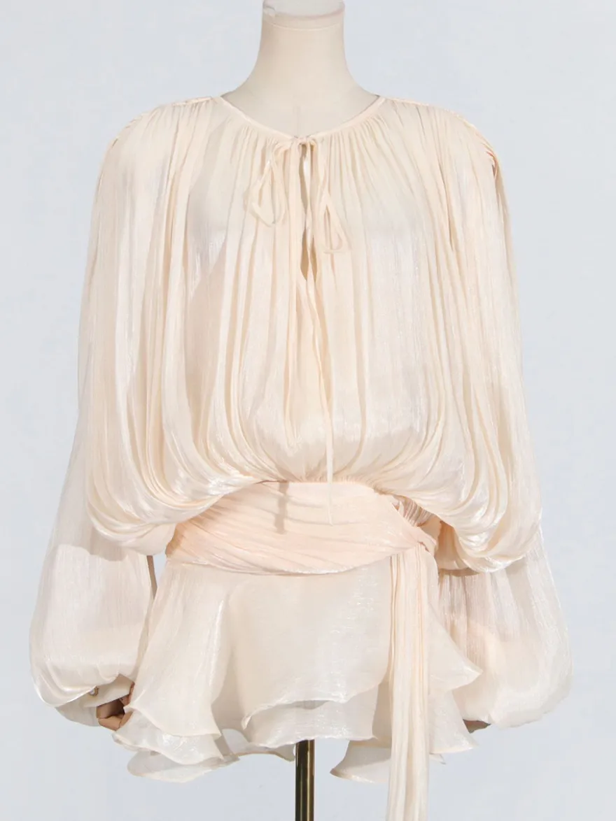 Robe courte à manches lanternes pour femme - Taille cintrée plissée et évasée - Tenue cocktail printanière 2026