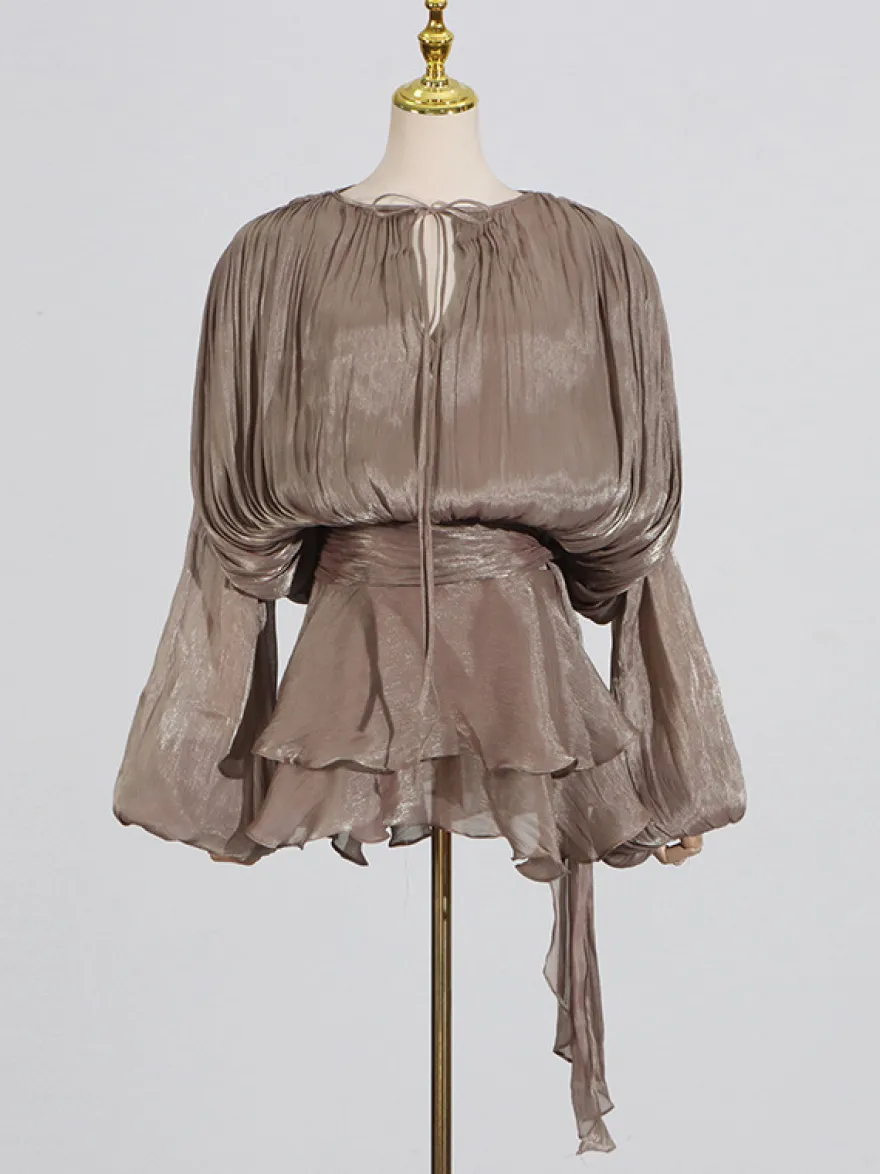 Robe courte à manches lanternes pour femme - Taille cintrée plissée et évasée - Tenue cocktail printanière 2026