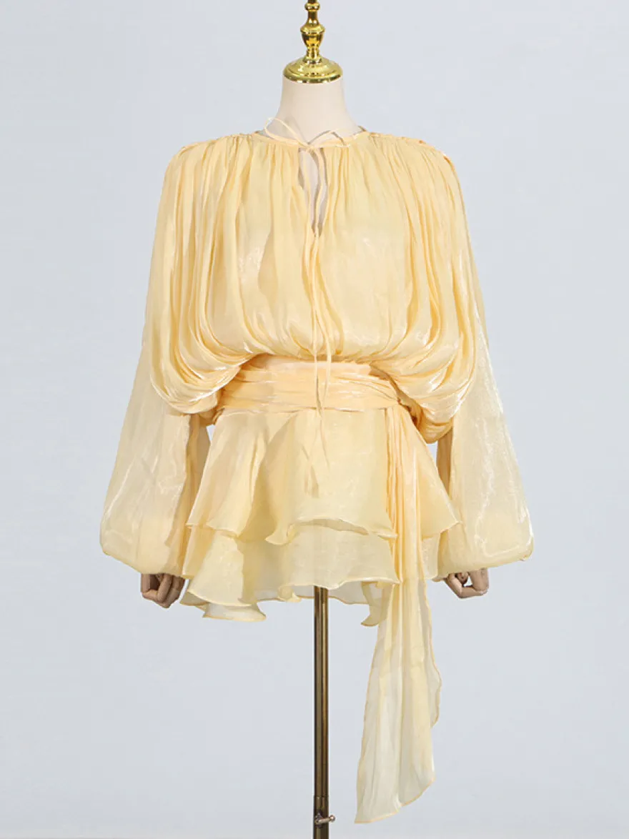Robe courte à manches lanternes pour femme - Taille cintrée plissée et évasée - Tenue cocktail printanière 2026