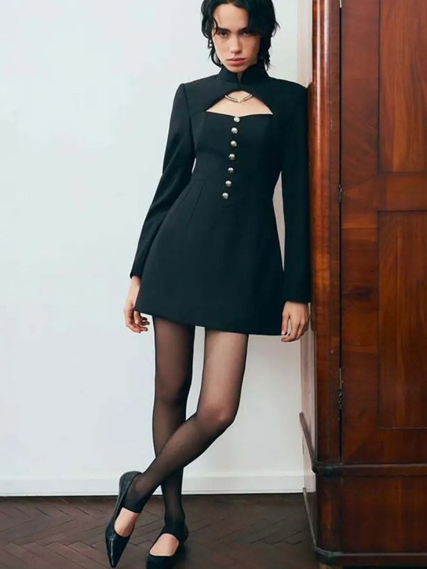 Robe courte à manches longues et découpes pour femme - Robe à col montant et boutons - Idéale pour une soirée romantique printanière 2026